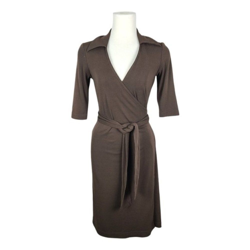 BEDO Brown 3/4 Sleeve Wrap Dress with Collar Small